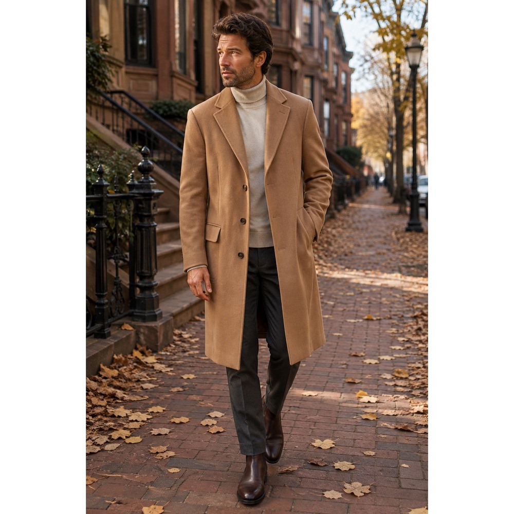 BW Harris Overcoat Mens 38 Camel Tan Pure Wool Long Trench Coat Made in USA